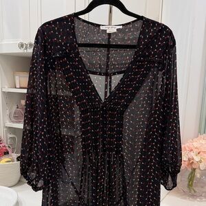 Black Sheer V-Neck Printed Blouse